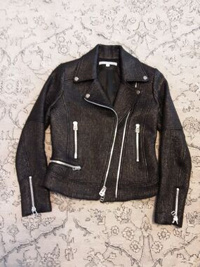 Veronica Beard Moto Jacket in Black with Metallic Pinstripe